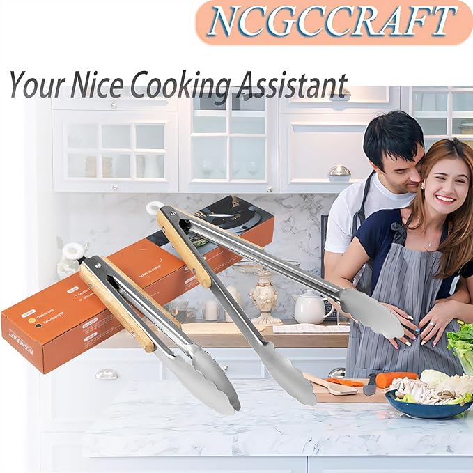 Stainless Steel Kitchen Tongs with Oak Wood Handle - Heat Resistant, Heavy Duty Locking Tongs for Cooking, BBQ, Salad, and Serving - Set of 2 (9" and 12") - Dishwasher Safe, Food Grade, No Rubber