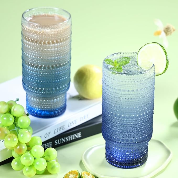 6pcs Hobnail Drinking Glasses Set, 16 oz Vintage Glassware Drinking Glasses, Gradual Gray-blue Water Glasses Tumbler, Cups for Kitchen, Juice, Beer, Cocktail, Whiskey