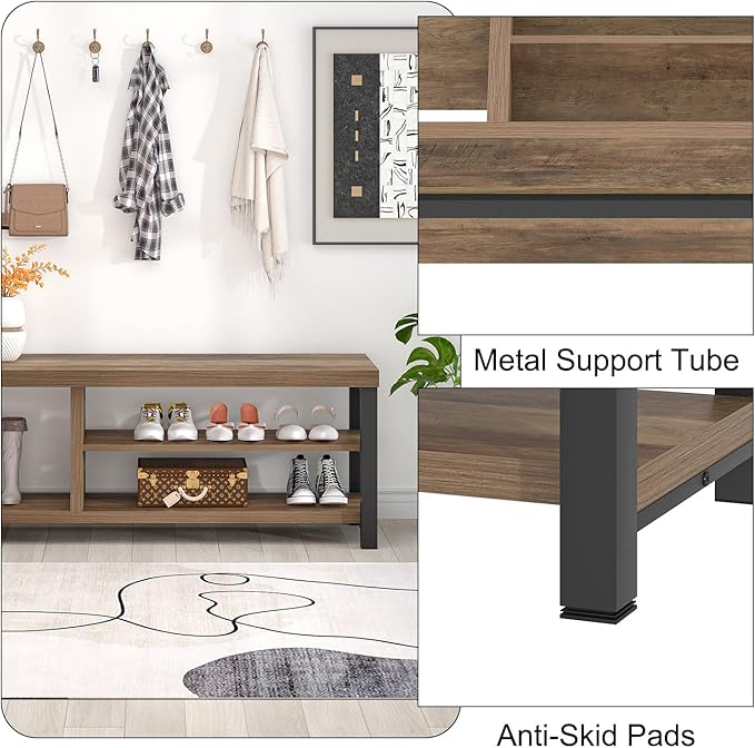 FOLUBAN Shoe Storage Bench, Industrial Entryway Bench, Modern Indoor Wood and Metal Shoe Rack Bench Seat for Bedroom, Hallway, Living Room, Rustic Oak, 47 Inch