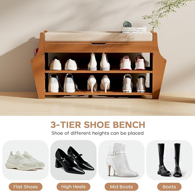 34.3in Shoe Bench, Bamboo 3-Tier Entryway Bench with Storage, Shoe Rack Organizer Holds Up to 330 lb, 34.3 x 11.8 x 18.9 Inches for Entryway Bedroom Closet Living Room Hallway