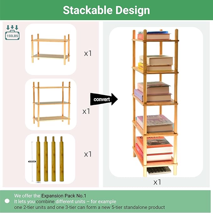 Bamboo Rack | Tool-Free Expandable (2-6 Tiers) | Kitchen Spice Organizer & Office Breakroom Snack/Cup Storage (Natural Bamboo)(Powered by Gogogo) (Natural, 15.6" W(4 Tier))