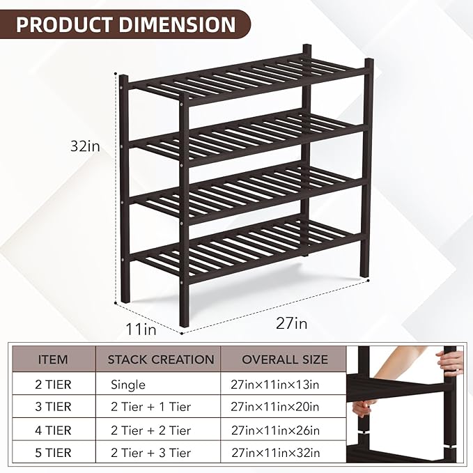 4 Tier Bamboo Shoe Rack Storage Organizer for Closet, Multifunctional Stackable Free Standing Shoe Shelf Organizer for Small Space,Entryway, Hallway, Bathroom27 x11 x26 (Brown, 4 Tier)