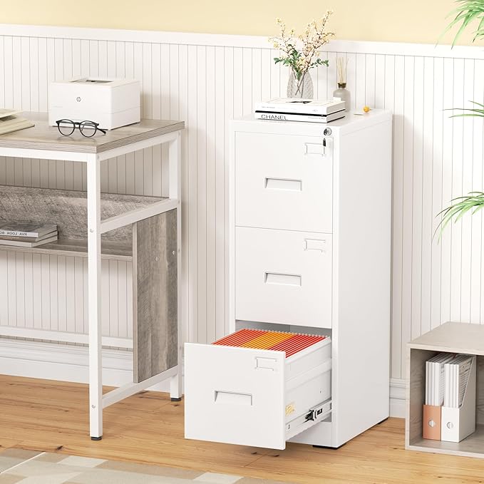 Greenvelly 3 Drawer File Cabinet with Lock, Black Metal Vertical Filing Cabinet for Home Office Fit Legal/Letter/A4/F4 Size with Hanging Bars&Key