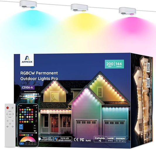 APPECK Permanent Outdoor Lights Pro 200ft, 144W RGBCW Eaves Lights with 144 LED Lights, 80lm, Cuttable, 111 Scene Modes, IP67 Waterproof Lighting for Christmas Decoration, Work with Alexa, White