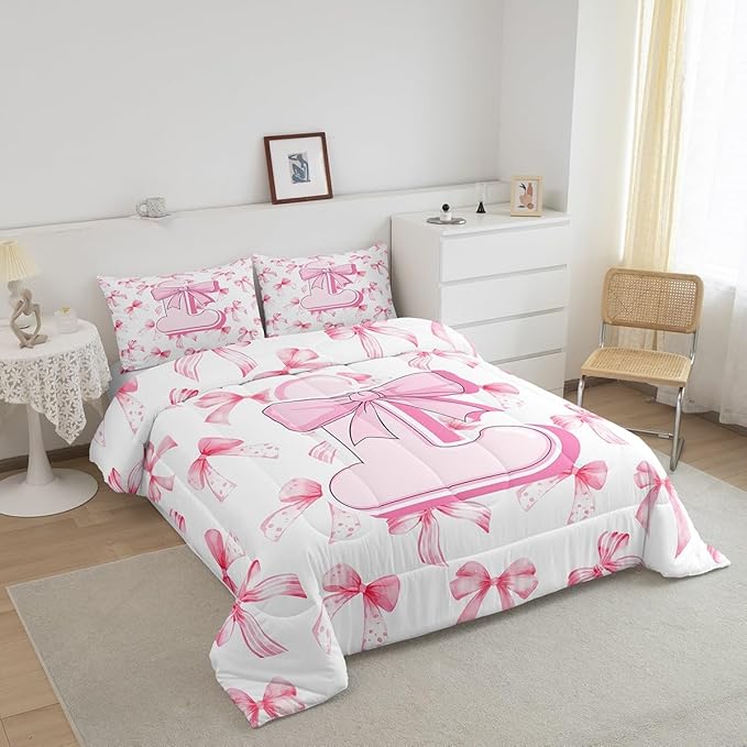 jejeloiu Kids Girls Cute Pink Bow Comforter Set Toddler Size Personalized Initial L Bedding Set Ultra Soft Monogrammed Duvet Quilt Coquette Bow Knot Quilt Set Room Decor Modern Fashion Comforter