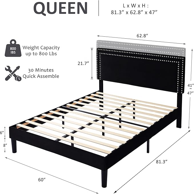 VECELO Queen Size Bed Frame with Adjustable Upholstered Headboard, Wooden Slats Platform, Noise-Free Design, No Box Spring Needed, Easy Assembly