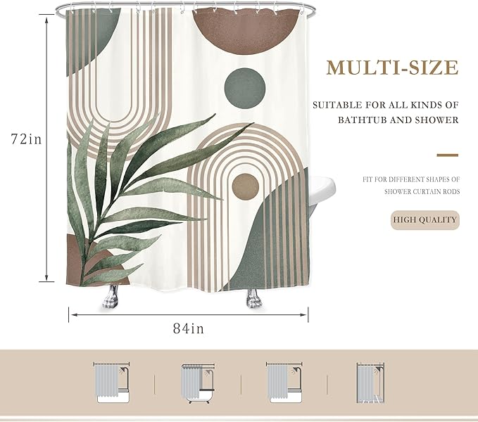 Glawry Boho Shower Curtain Extra Long Mid Century Abstract Plant Palm Leaves Modern Arch Bathroom Minimalist Geometric Aesthetic 72Wx84L Inches Bath Accessories Art Home Decor Fabric 12 Pack Hooks