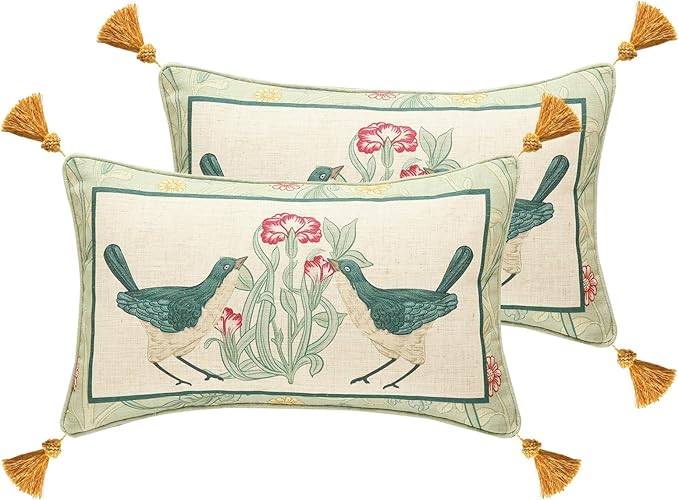 patdrea Designer Pack of 2 Rectangle Throw Pillow Covers,French Vintage Rustic Linen with Green Floral Pattern Pillows Cover,Decorative Lumbar Pillowcases Cushion for Bed Living Room,12"x20"