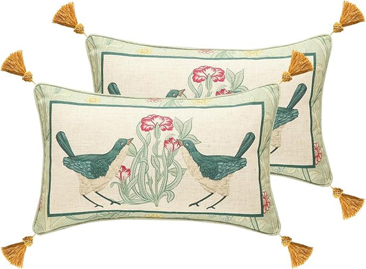 patdrea Designer Pack of 2 Rectangle Throw Pillow Covers,French Vintage Rustic Linen with Green Floral Pattern Pillows Cover,Decorative Lumbar Pillowcases Cushion for Bed Living Room,12"x20"