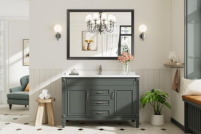 48x36 Inch Black Bathroom Mirror for Wall, Thick Metal Framed Rectangle Mirrors for Over Sink, Bedroom, Living Room, Entryway, Anti-Rust, HD Tempered Glass