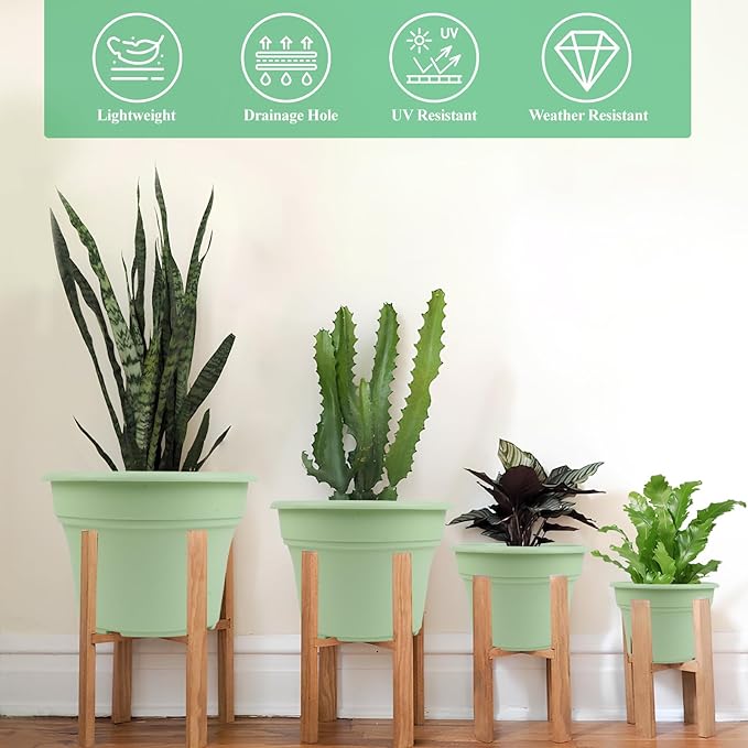 13 Inch Plastic-Flower-Pot-for-Indoor-Plants, 4 Pack Large Outdoor Planter Pot with Drainage Holes & Saucers, Resin Decorative Garden Pots Planters