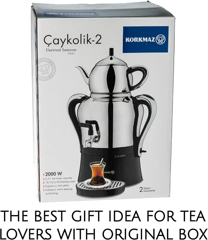 Korkmaz Caykolik A842-01 Stainless Steel Samovar, Upper Pot 1.3 L (43.9 Oz), Bottom Pot 3 L (101.4 Oz) Electric Turkish Tea Maker Set, Double Pots, Inox, Chrome, Black 110 V US Plug, 4.5- Quart
