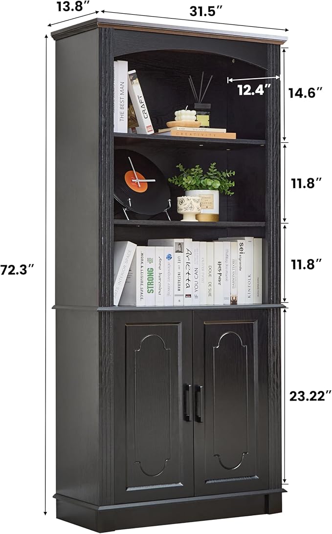Black 5 Tier Book Shelf and Bookshelf with Storage Cabinet Doors, 72 Inch Tall Bookcase, Wooden Cube Storage Organizer, Kids Bookshelf, Display Cabinet for Bedroom Furniture, Living Room, Pantry
