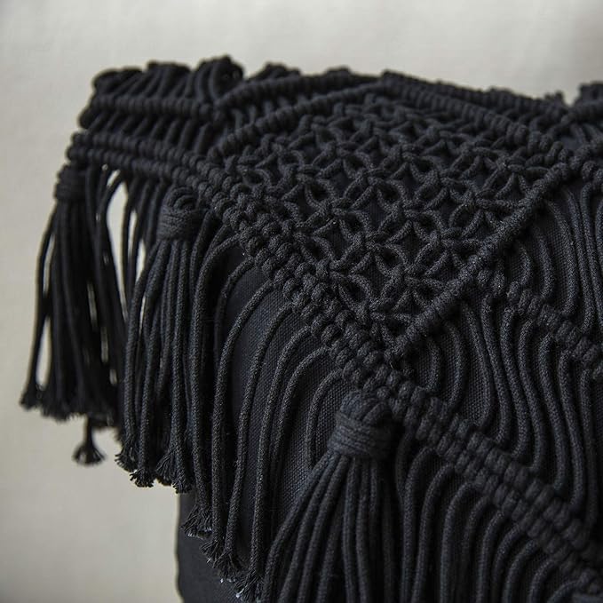 Phantoscope 100% Cotton Handmade Crochet Woven Boho Throw Pillow Farmhouse Pillow Insert Included Decorative Cushion for Couch Sofa Black 18 x 18 inches