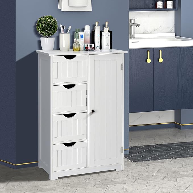 VINGLI White Bathroom Storage Cabinet with 4 Drawers 1 Cupboard Side Storage with Adjustable Shelf, Wood Bathroom Floor Cabinet with Drawers Also for Kitchen, Entryway, Bedroom, 22" Wx11.8 Dx32.3 H