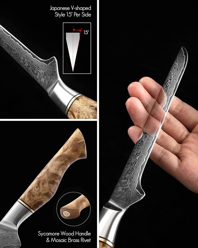 HEZHEN Damascus Boning Knife, 67 Layer Damascus Steel Fillet Knife Kitchen Knives,Figured Sycamore Wood Handle