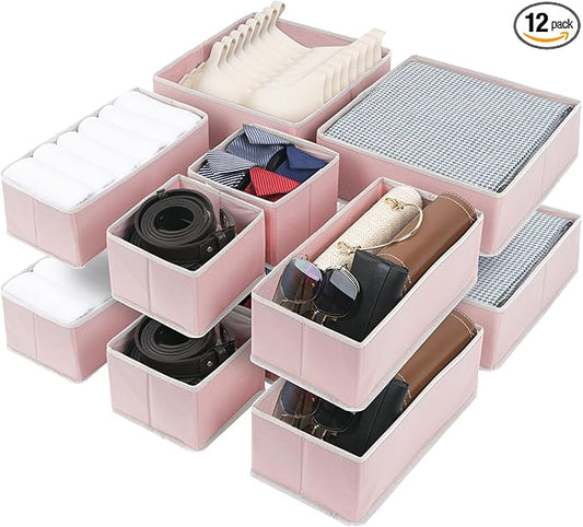 Cupic Cupid Drawer Organizer, Dresser Organizers, Foldabe Drawer Organizer Clothes, Closet Organization and Storage Dividers for Socks, Underwear and Diaper, Set of 12, Pink