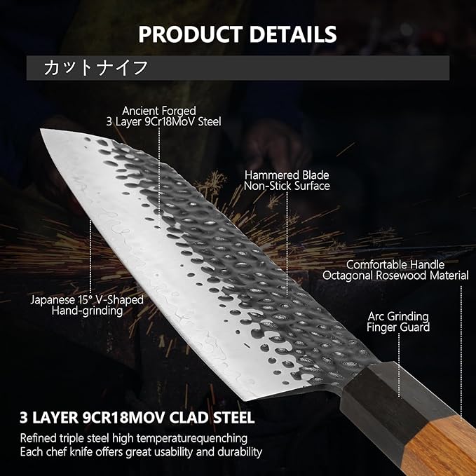 Santoku Chef Knife 7 inch Japanese 3 Layer 9CR18MOV High Carbon Steel Kitchen Knife, Professional Hand Forged Chef's Knife with Rosewood Handle