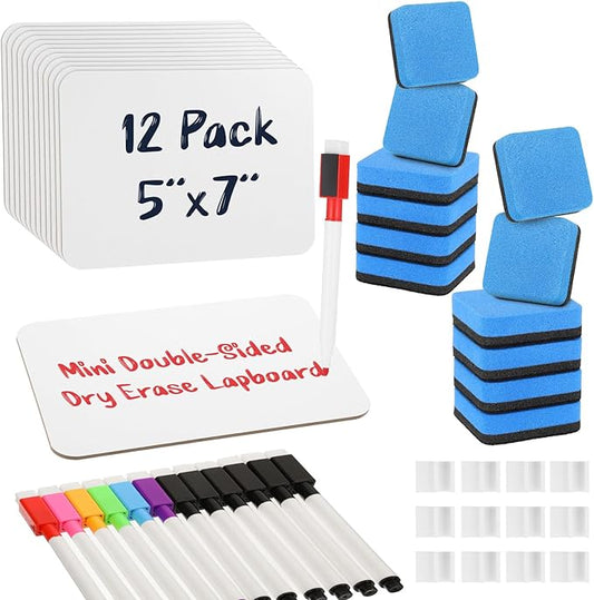 Small White Board 12 Pack Dry Erase Boards 9''x 12'' LapBoards with 12 Erasers & Markers Mini White Board Double Sided Portable Whiteboards for Students Teachers Office School Supplies Lapboards