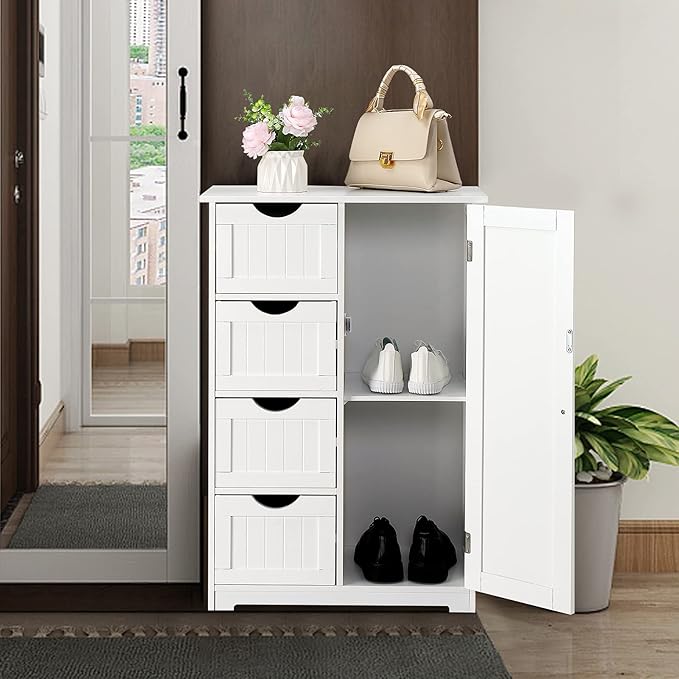 VINGLI White Bathroom Storage Cabinet with 4 Drawers 1 Cupboard Side Storage with Adjustable Shelf, Wood Bathroom Floor Cabinet with Drawers Also for Kitchen, Entryway, Bedroom, 22" Wx11.8 Dx32.3 H