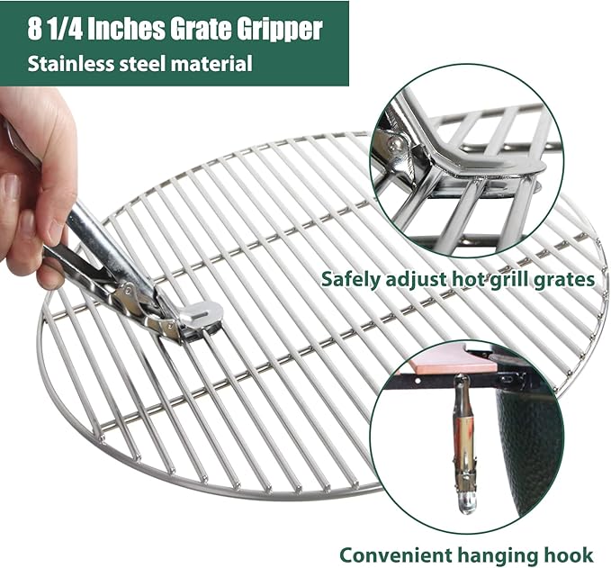 Grill Grate Lifter Gripper and Ash Tool Set for M/L Big Green Color Egg,Stainless Steel BBQ Ash Tool Poker and Ash Pan for Kamado Joe Classic