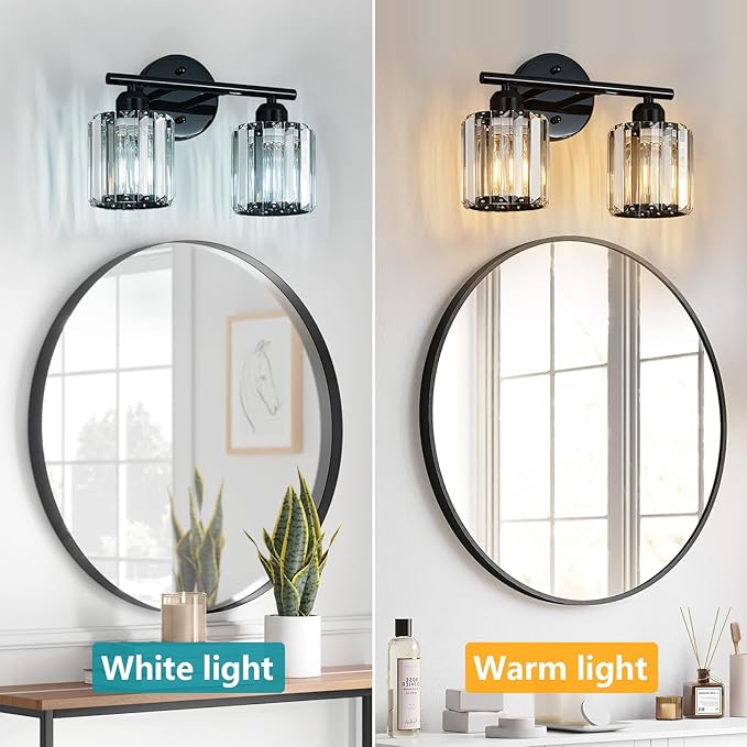 Modern 2 Light Crystal Vanity Light, Plating Black Vertical Bathroom Light Fixture Over Mirror for Dressing Table Sink, Compatible with Dimmable Bulbs (Bulbs Not Included)