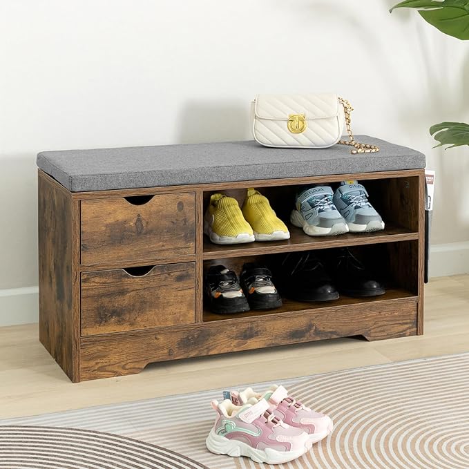 WelFurGeer Shoe Bench Entryway with Storage, Shoe Rack with Bench, Entryway Bench with Shoe Storage, Entryway Shoe Bench with Cushion, Brown + Gray