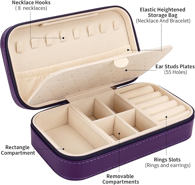 DesignSter Travel Jewelry Box, PU Leather Portable Jewelry Case, Small Jewelry Boxes for Gifts, Travel Jewelry Organizer for Women Rings Earrings Necklaces Bracelets (Dark Purple)