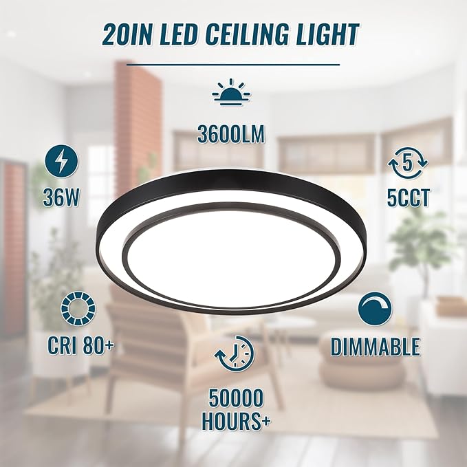 2Pack 20" LED Flush Mount Ceiling Light Fixture 5CCT, Black Dimmable Light Fixture Ceiling Mount 36W, Modern Simple Close to Ceiling Light Fixtures for Living Room,Kitchen, Bedroom