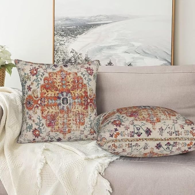 Blue Burnt Orange Boho Throw Pillow Covers 20x20 Set of 2, Farmhouse Carpet Ethnic Decorative Pillow Covers Bohemian Rustic Cushion Cases Linen Gifts for Couch Sofa Indoor Outdoor