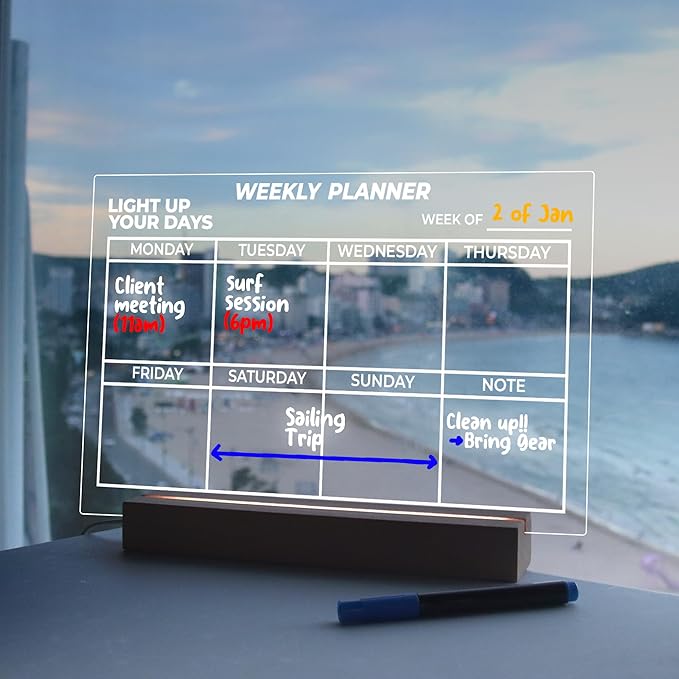 Dry Erase Weekly Planner with Light, 13x9, USB-Powered Light Up Whiteboard, Includes 4 Markers & Eraser, Monthly Planner, Productivity Tracker, Home & Office Calendar