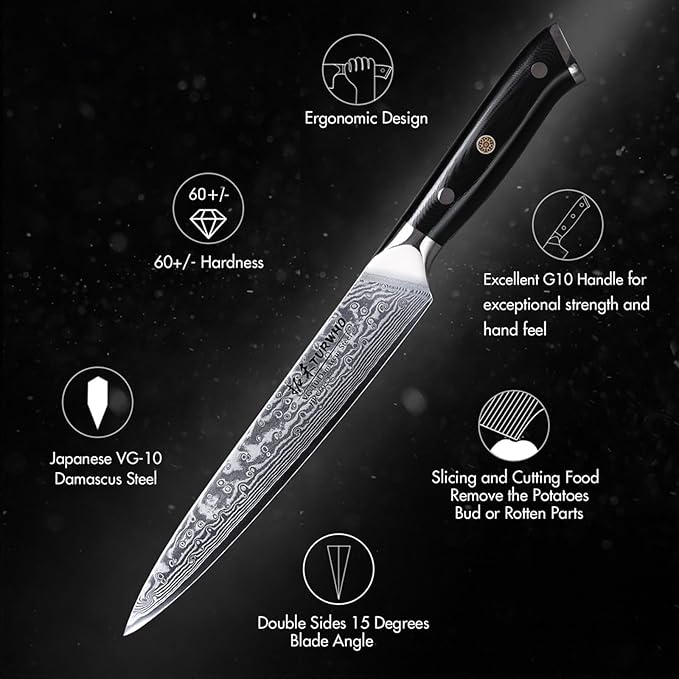 Professional Sashimi Knives 8 Inch - Slicing Knife Classic Damascus Japanese VG-10 Steel Kitchen Chef Knife