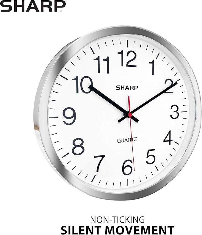 Sharp Wall Clock – Silver/Chrome, Silent Non Ticking 10 Inch Quality Quartz Battery Operated Round Easy to Read Home/Kitchen/Office/Classroom/School Clocks, Sweep Movement