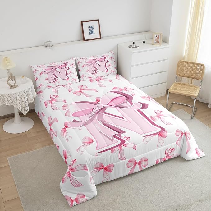 jejeloiu Kids Girls Cute Pink Bow Comforter Set King Size Monogrammed Bedding Set Ultra Soft Personalized Initial N Duvet Quilt Coquette Bow Knot Quilt Set Room Decor Modern Fashion Comforter