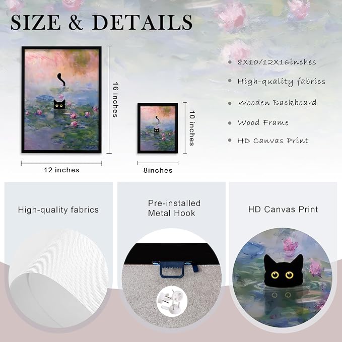 Krtoni Framed Funny Black Cat Canvas Wall Art, Black Cat in the Pink Water Lily Wall Decor, Vintage Preppy Aesthetic Animal Posters Prints for Living Room Bedroom Bathroom Decor 16''L x 12''W