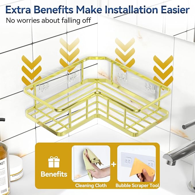 YASONIC Corner Shower Caddy Organizer, 5-Pack Self-Adhesive Rustproof Bath Shelves with Soap Holder & 4 Hooks, Large Capacity Shower Storage Rack for Bathroom Organization, Gold