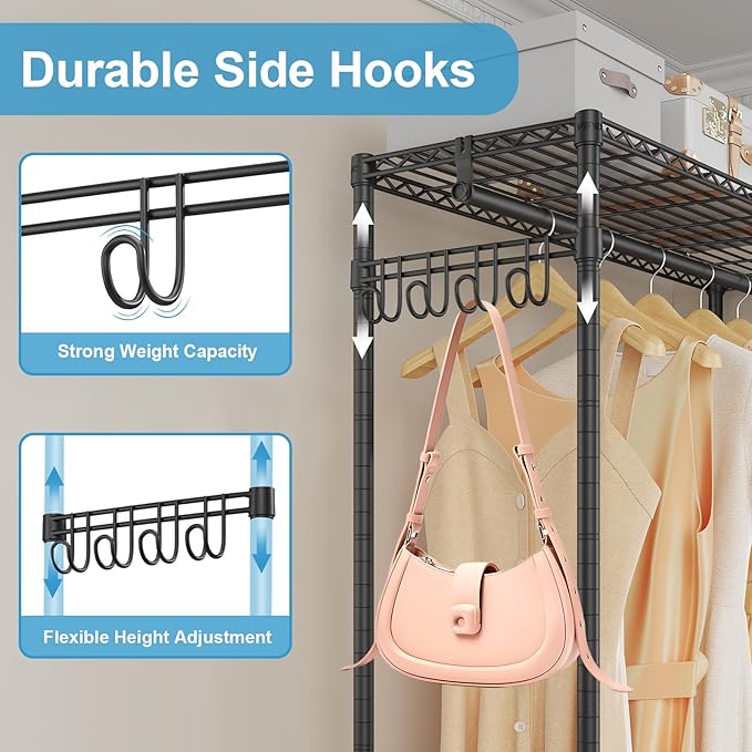 VIPEK R2 Mini Rolling Clothes Rack Heavy Duty Clothing Rack for Hanging Clothes Adjustable Portable Closet Metal Clothes Racks with Wheels Double Rods Side Hooks, Freestanding Garment Rack, Black