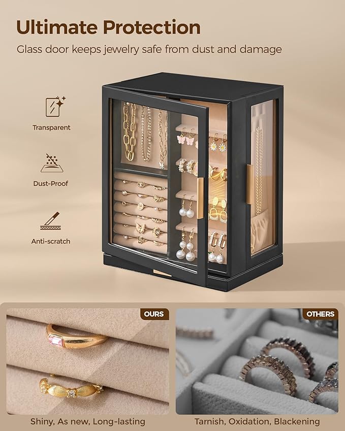 360° Rotating Jewelry Box with 5 Drawers, Spacious Vertical Jewelry Organizer with Glass Window, Jewelry Storage Case, Dustproof & Moisture-resistant Design, Black