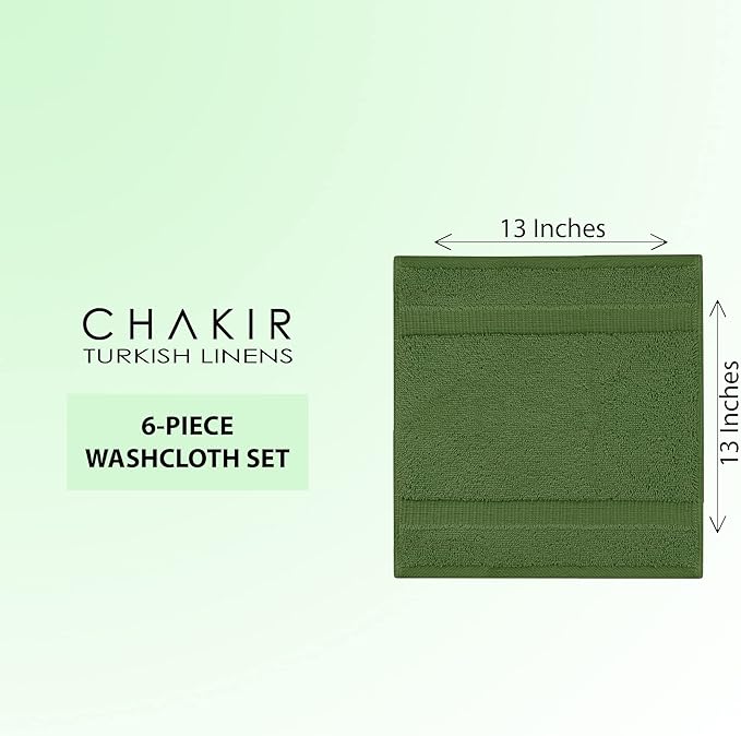 Chakir Turkish Linens 100% Cotton Premium Turkish Towels for Bathroom | 13'' x 13'' (6-Piece Washcloth, Moss)
