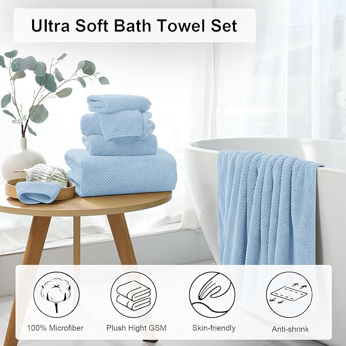 8 Piece Large Blue Family Bath Towel Set-2 Oversized Bath Towel Sheets,2 Hand Towels,4 Washcloths-600GSM Soft Highly Absorbent Quick Dry Beach Chair Towel Woven Towels for Bathroom Hotel and Spa