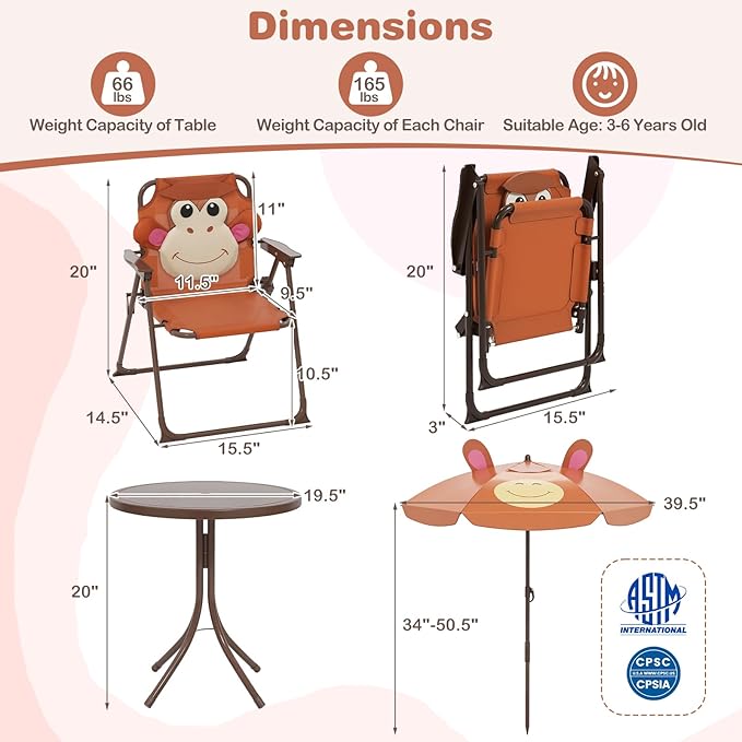 Costzon Kids Picnic Table, Kids Outdoor Table with 2 Folding Chairs, Height Adjustable Umbrella, Portable Children Outdoor Furniture for Patio, Garden, Backyard (Brown)