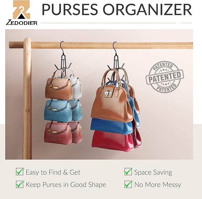ZEDODIER Purse Hanger Organizer for Closet, 2 Pack Hanging Bag Holder, Keeping Purses Visible And In Good Condition, Metal Handbag Storage Hook Backpack Rack Space Saving Hanger, Black