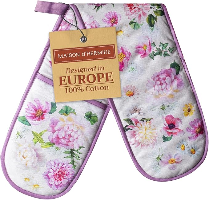Maison d' Hermine Pivoine 100% Cotton Easter Double Oven Glove with Loop Heat Resistant for BBQ | Cooking | Baking | Grilling | Microwave | Barbecue | Spring/Summer (7.5 Inch by 35 Inch)
