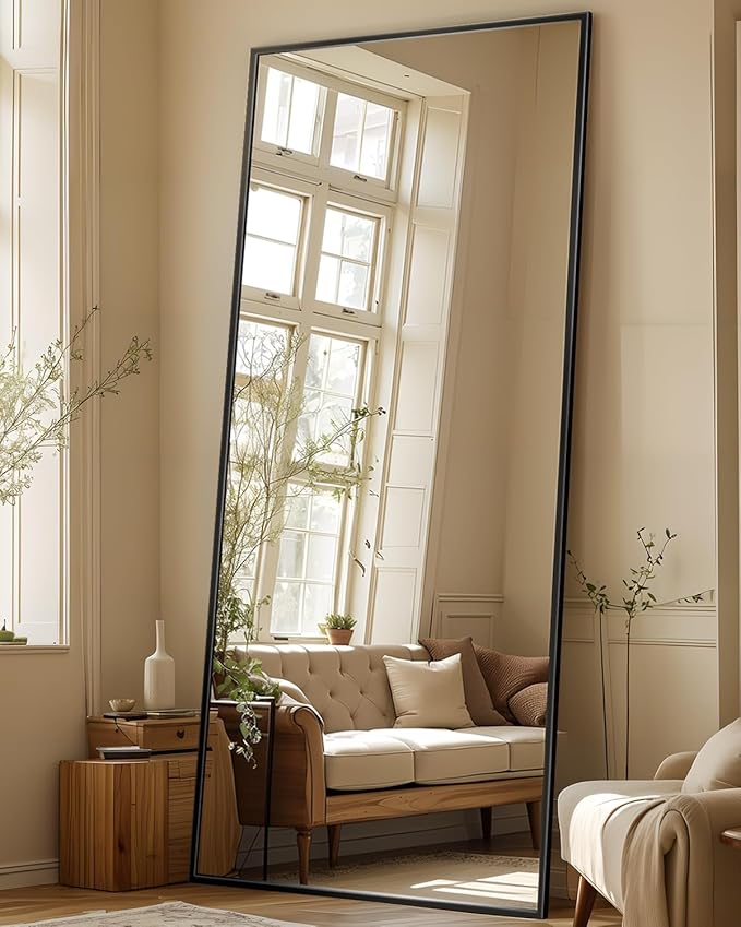 Antok Full Length Mirror, 71"x28" Floor Mirror with Stand, Hanging Mounted Mirrors for Bedroom, Living Room, Cloakroom, Dining Room, Black, Rect