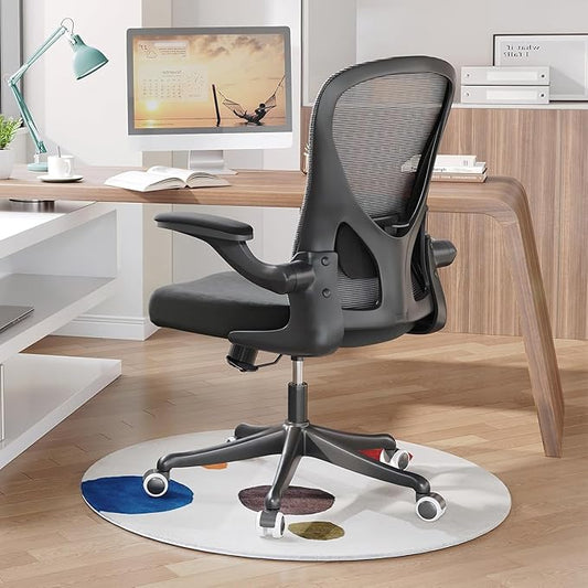 Ergonomic Office Chair with Adjustable Flip-Up Armrests & Lumbar Support - Thickened Cushion Desk Chair with Wheels, Home Office Computer Chair (Black)