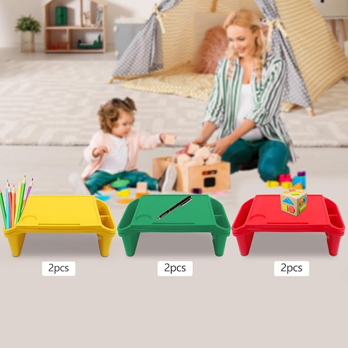 Set of 6 Kids Lap Desk Tray, Portable Activity Table, Plastic, Stackable for Drawing, Writing, Eating, Classroom, 19.69" L x 9.84" W x 7.09" H (Red, Green, Yellow)