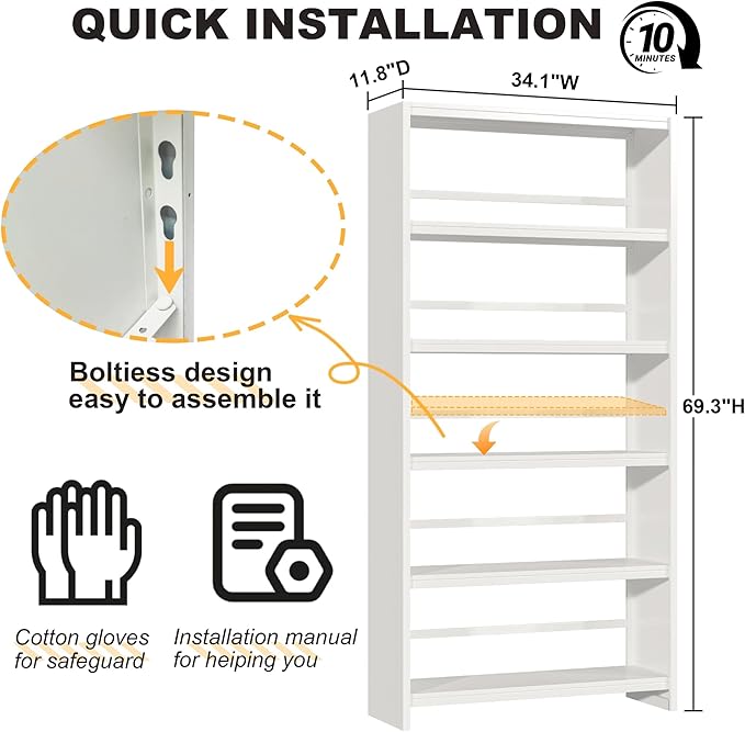 69.3" Tall Metal Bookshelf, White Bookcase with Display Shelves, 5 Tier Open Shelf Bookcases for Living Room, Bedroom, Home Office, Study, Library