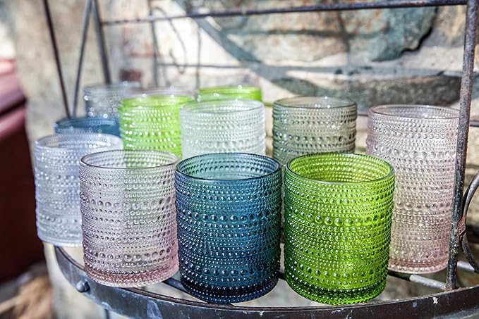 Fortessa Jupiter Beaded Hobnail Glass, 10 Ounce Double Old Fashioned (Set of 6), Fern Green