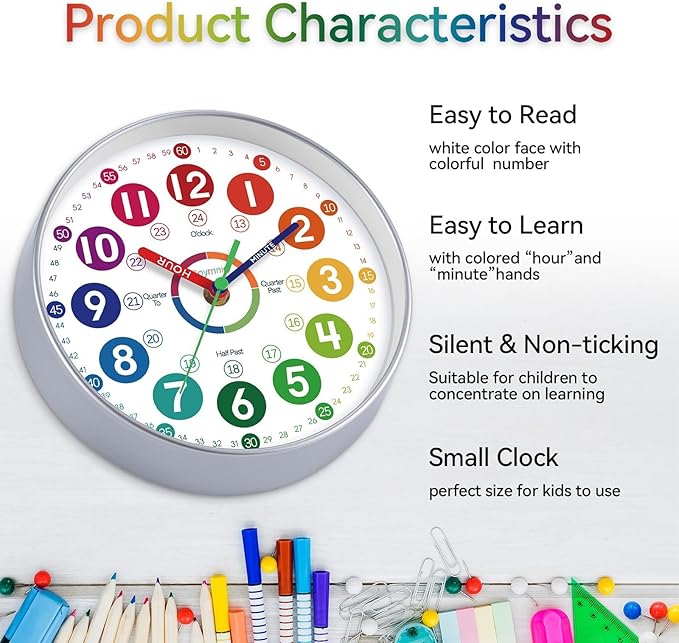 Learning Clock for Kids 10 Inch Learning to Tell Time Easily Colorful Teaching Time Clock Silent Non Ticking Battery Operated Decorative for Kids Room Classroom School Bedroom