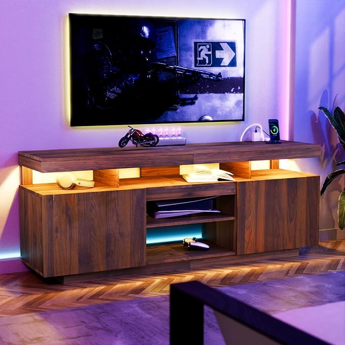 HOMMPA LED TV Stand for up to 70" TV Entertainment Center with Power Outlets, Gaming TV Consoles with Storage Media Table with LED Lights Game Cabinet for Living Room Walnut